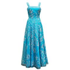 1960's Emilio Pucci Italy Divine Long Blue Organza  Dress With Mini Cap