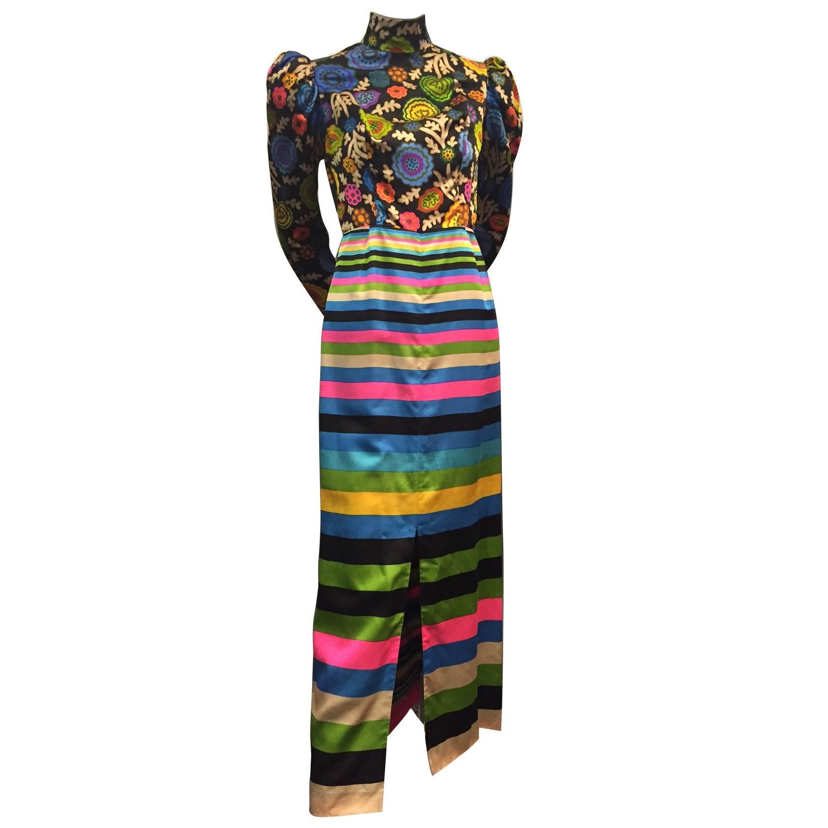 1960s Lanvin Polished Cotton Maxi in Vivid Stripes and Florals