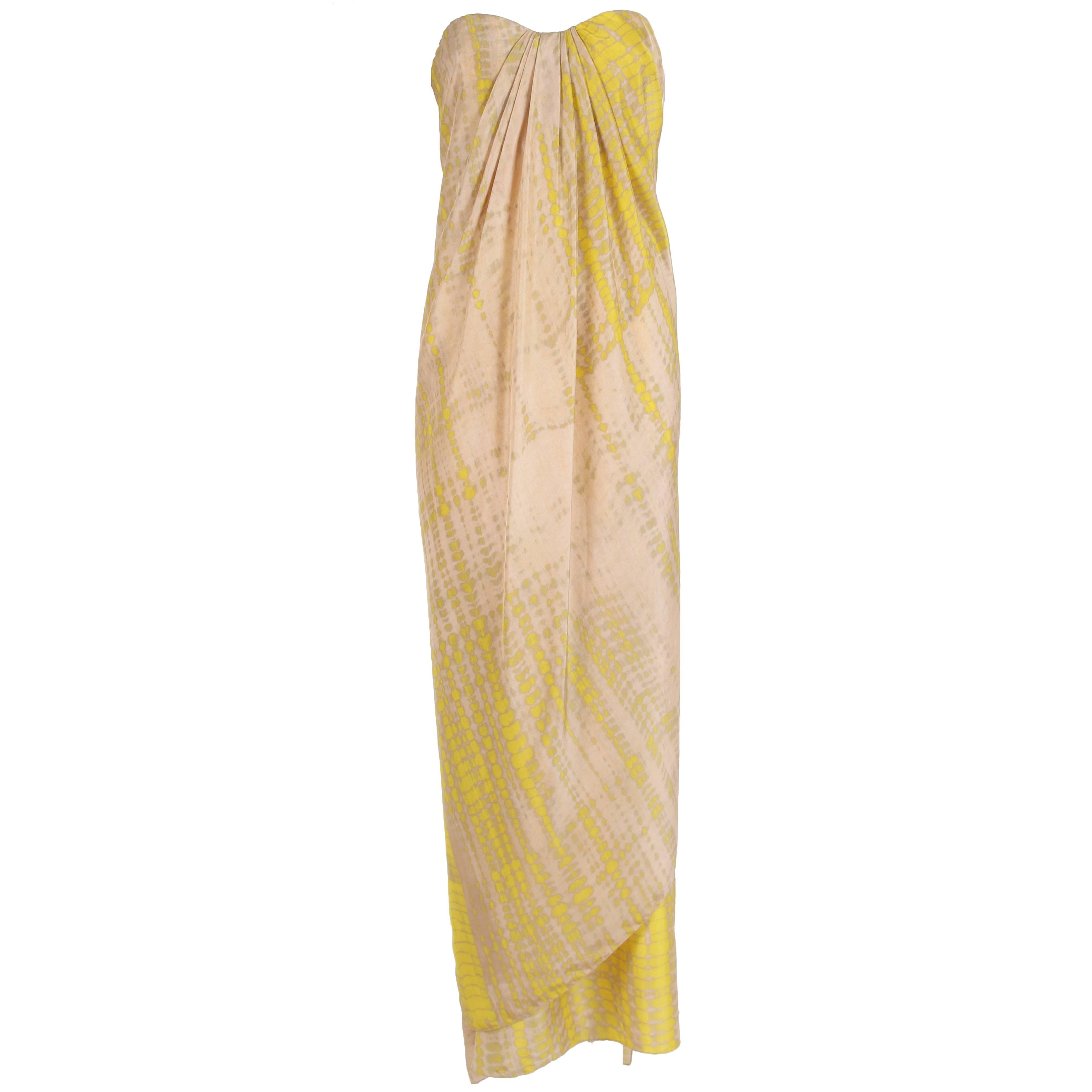 2003 Alexander McQueen Silk Printed Strapless Draped Column Evening Gown For Sale