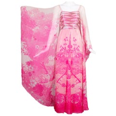 1970's Hanae Mori Couture Pink Chiffon Beaded Floral Print Evening Gown