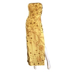 Exceptional Vintage Lillie Rubin Yellow Silk Chiffon Beaded Strapless Gown Dress