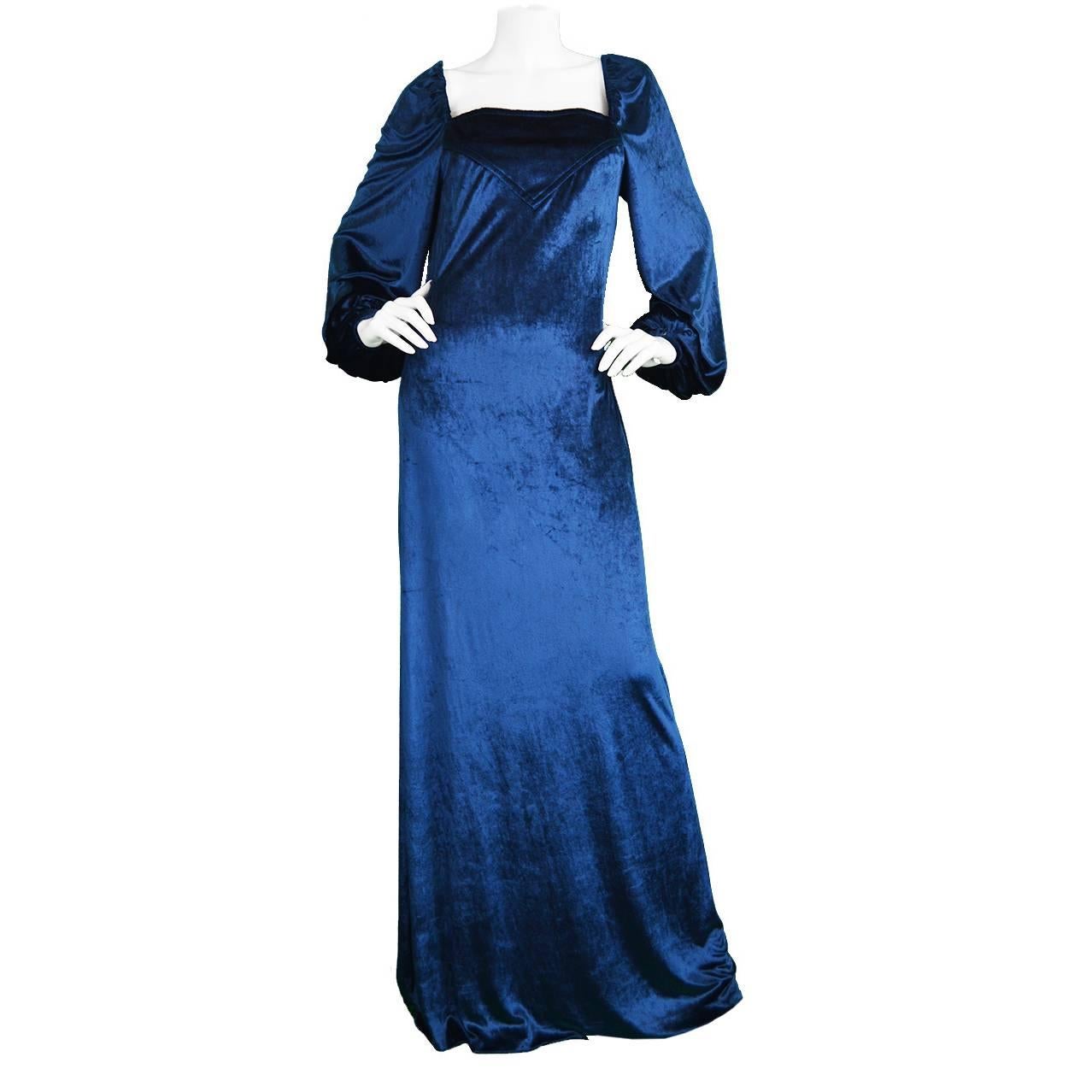 Vintage 1971 Janice Wainwright Documented Dark Blue Panne Velvet Evening Gown For Sale
