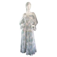 Vintage Oscar de la Renta 1970s Cotton Voile + Silk Boho Gown & Head Scarf Belt