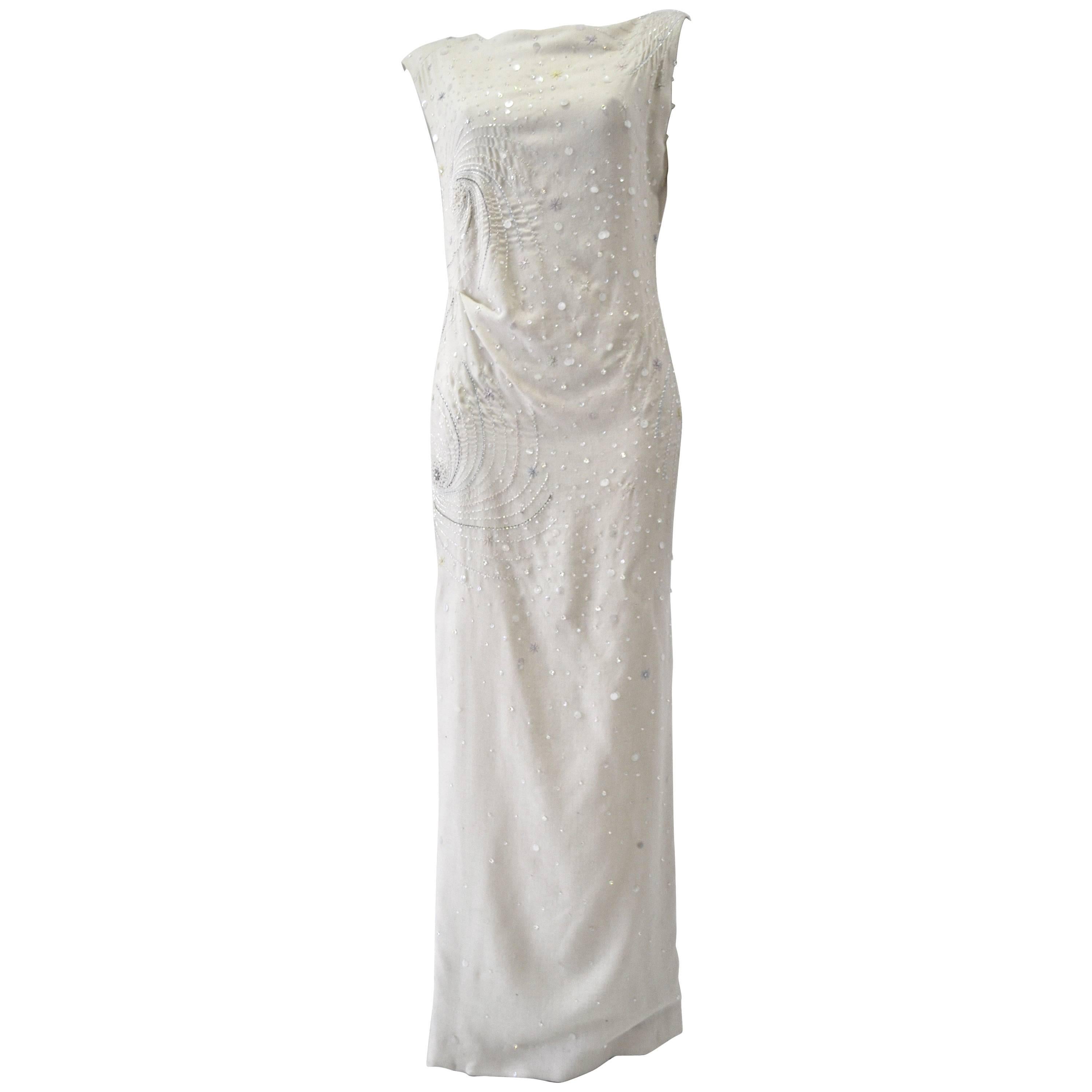 Uber Important Gianni Versace Couture Hand-Beaded Creme Wool Maxi Dress For Sale