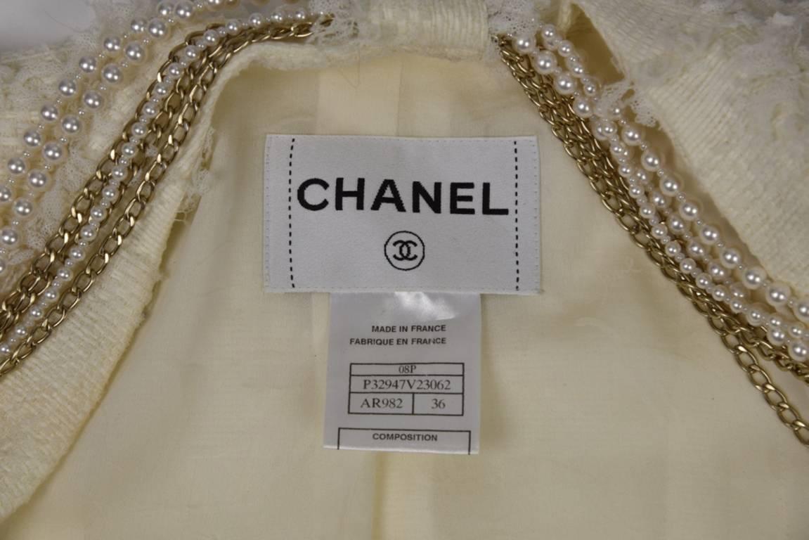 Chanel 08P Demi Couture White Wool Jacket With 20 Pearl and Gold Chains FR36 3