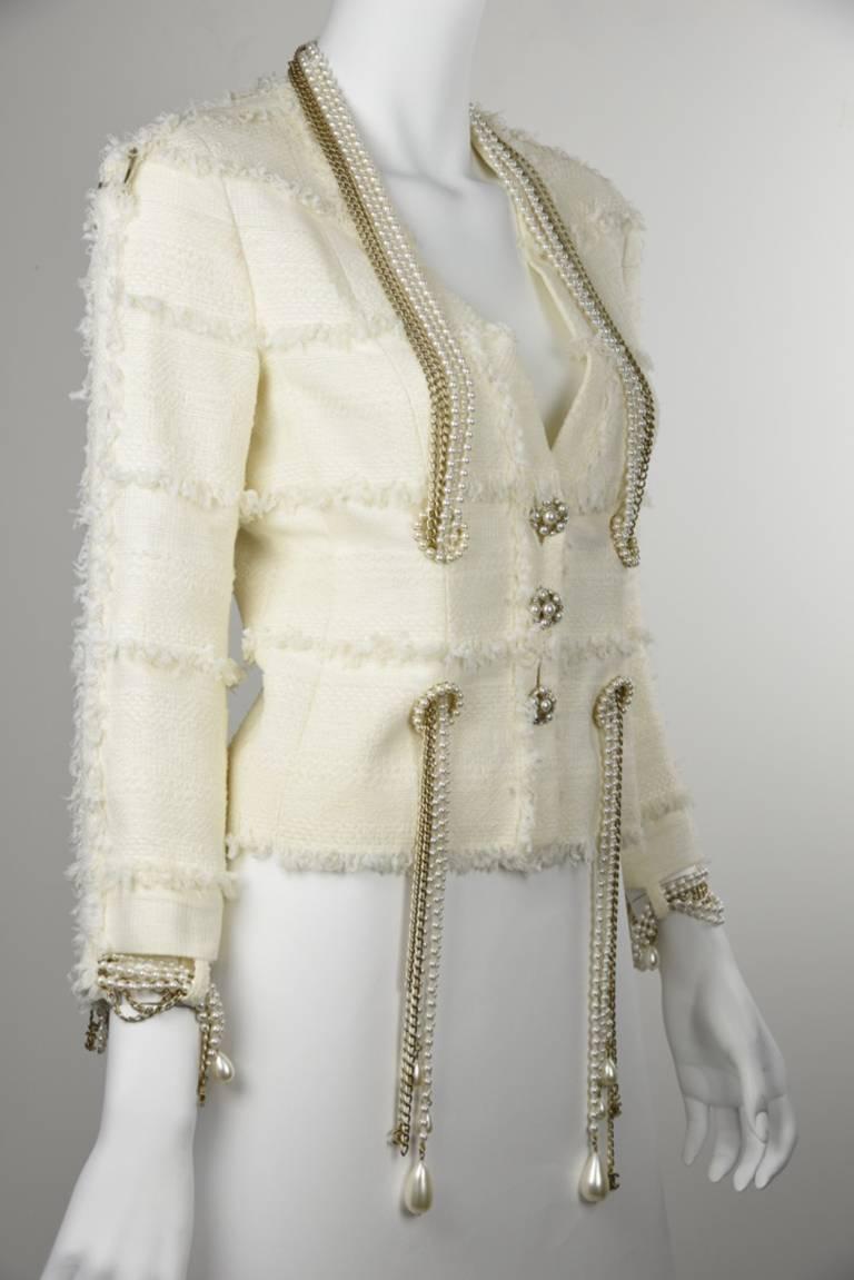 Beige Chanel 08P Demi Couture White Wool Jacket With 20 Pearl and Gold Chains FR36