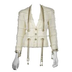 Chanel 08P Demi Couture White Wool Jacket With 20 Pearl and Gold Chains FR36