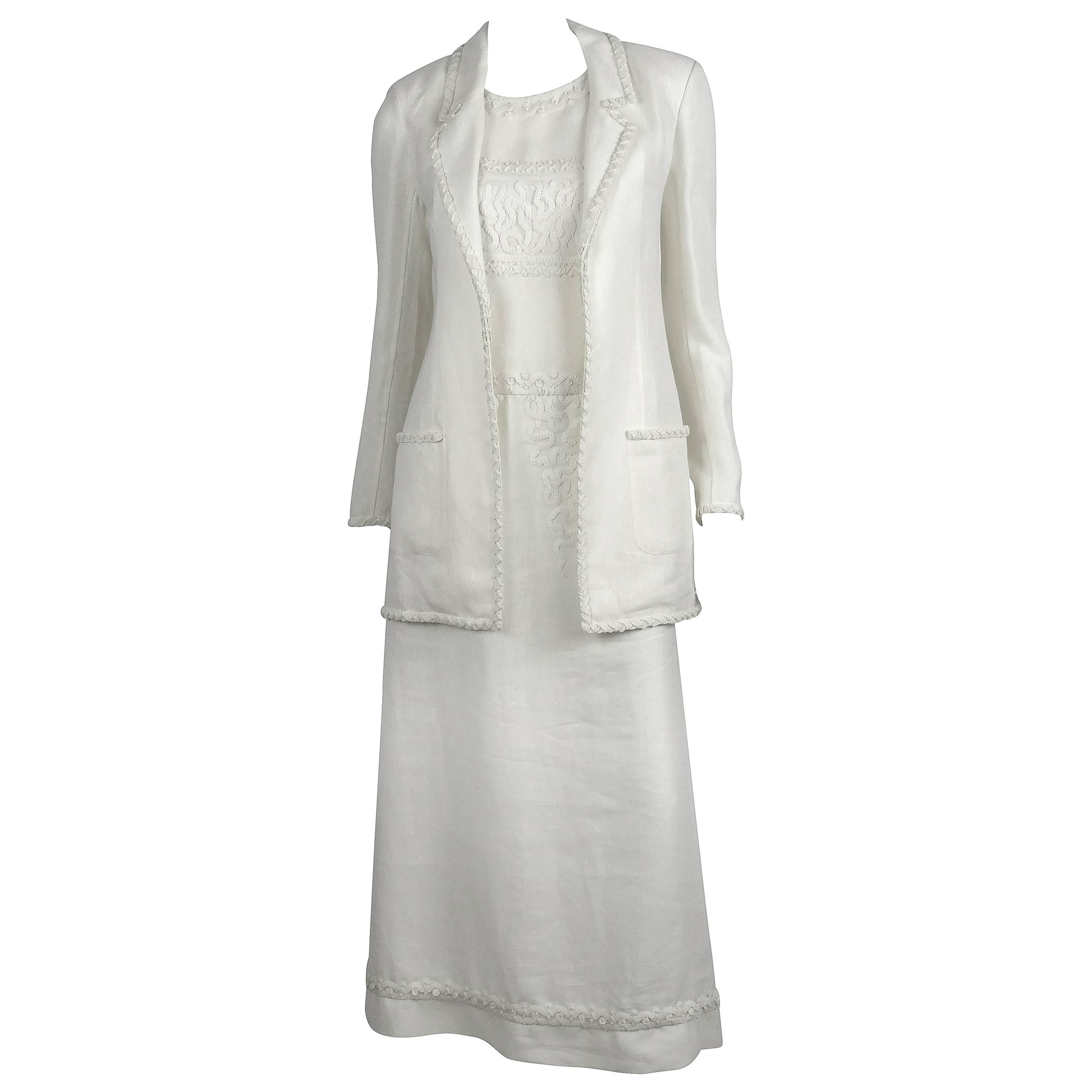 Chanel Boutique 98P Demi Couture Lesage White Linen Sequins Long Jacket & Dress For Sale