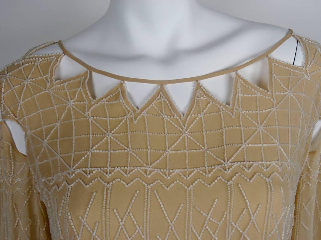 Chanel 99A Lesage White Beaded Beige Silk Blouse with Triangular Cut-outs FR44 For Sale 1