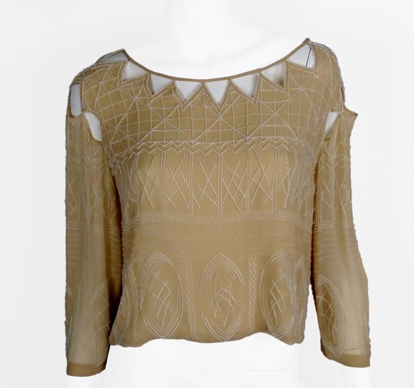 Brown Chanel 99A Lesage White Beaded Beige Silk Blouse with Triangular Cut-outs FR44 For Sale