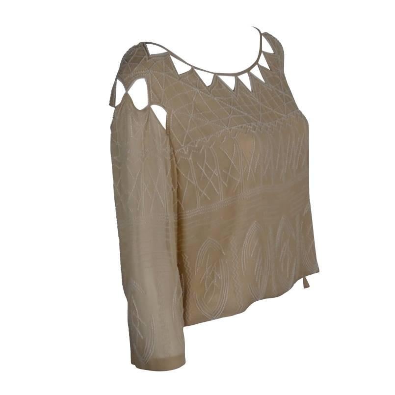 Chanel 99A Lesage White Beaded Beige Silk Blouse with Triangular Cut-outs FR44 For Sale