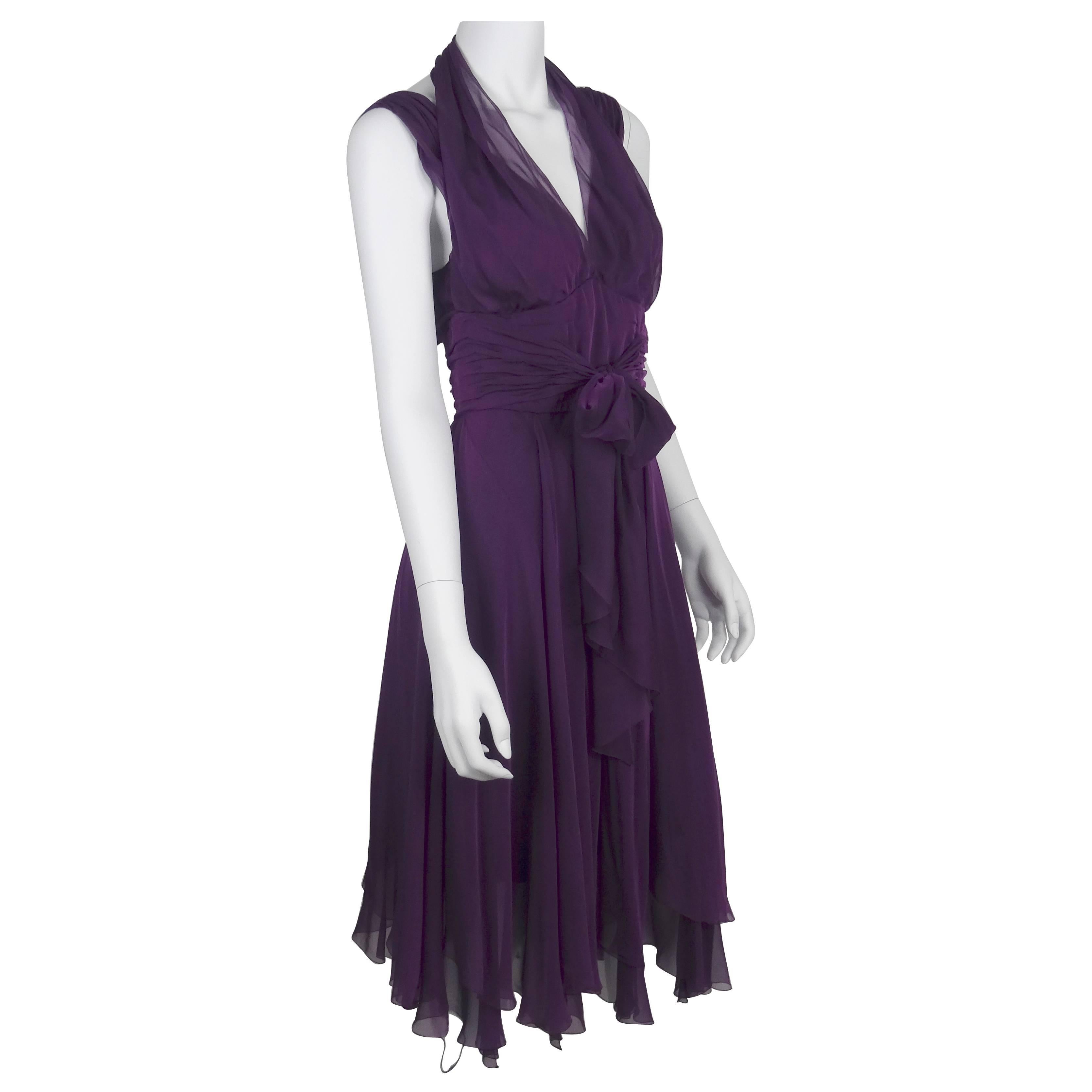 Chanel Boutique 1995A Violet Silk Mousseline Evening Gown with Ruched Midriff  For Sale