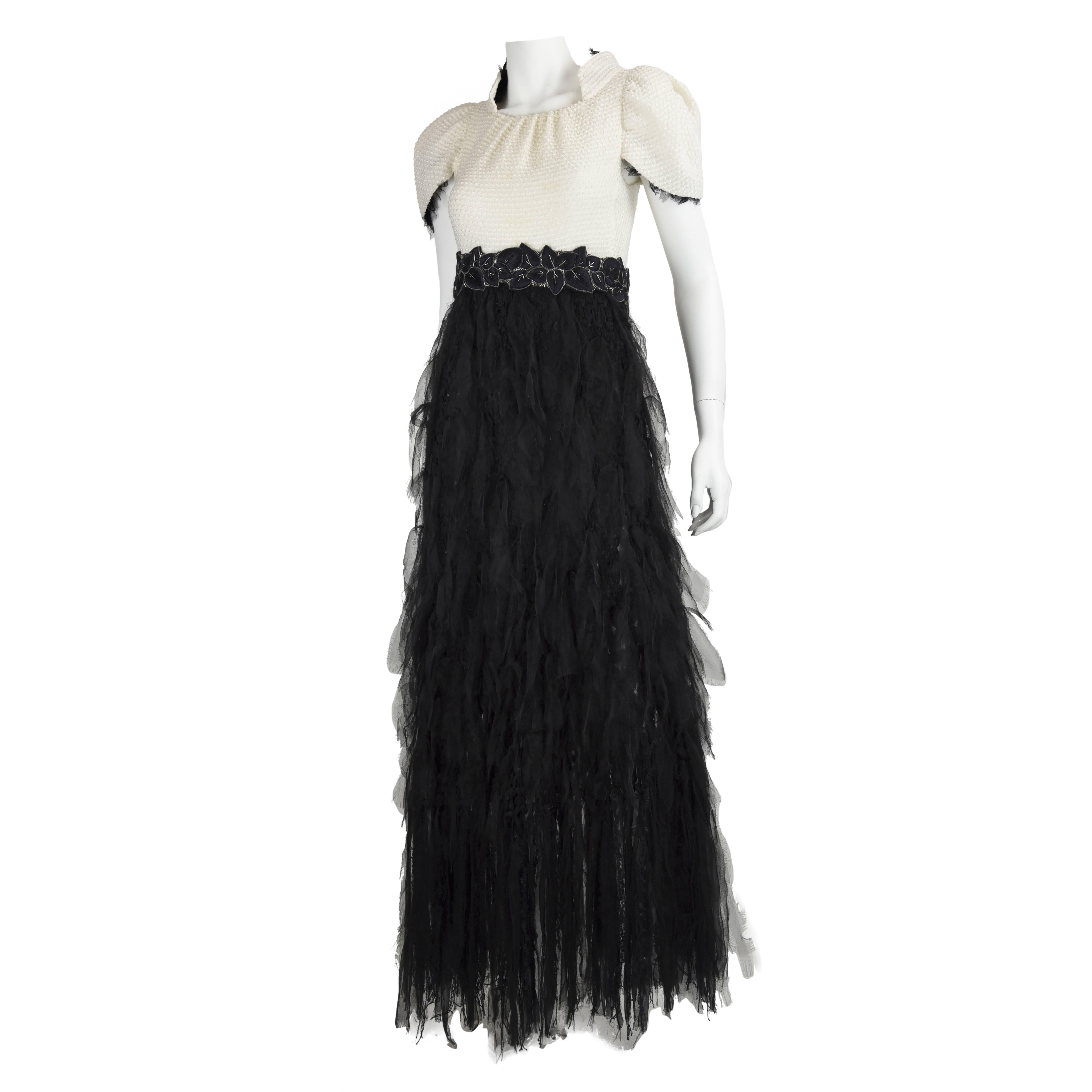 Chanel Demi Couture 2010s Lesage Black & White Evening Gown w/ "Feathered" skirt For Sale