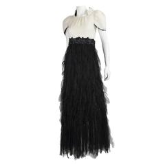 Chanel Demi Couture 2010s Lesage Black & White Evening Gown w/ "Feathered" skirt