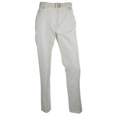 Chanel 1995P White Twill Cotton Jeans with Silver Belt Buckle & CC Pocket FR38