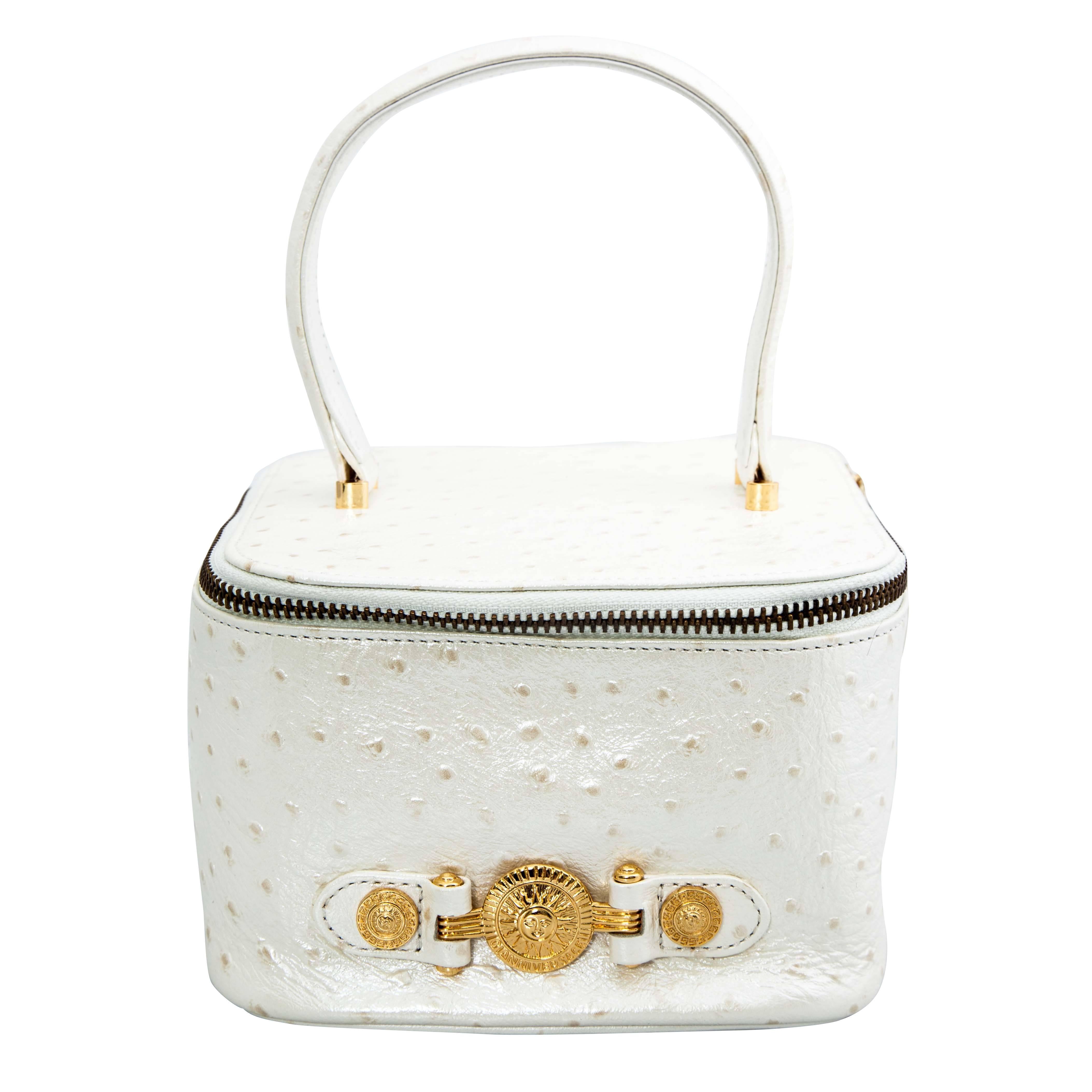 Versace White Faux Ostrich Vanity Case Bag For Sale