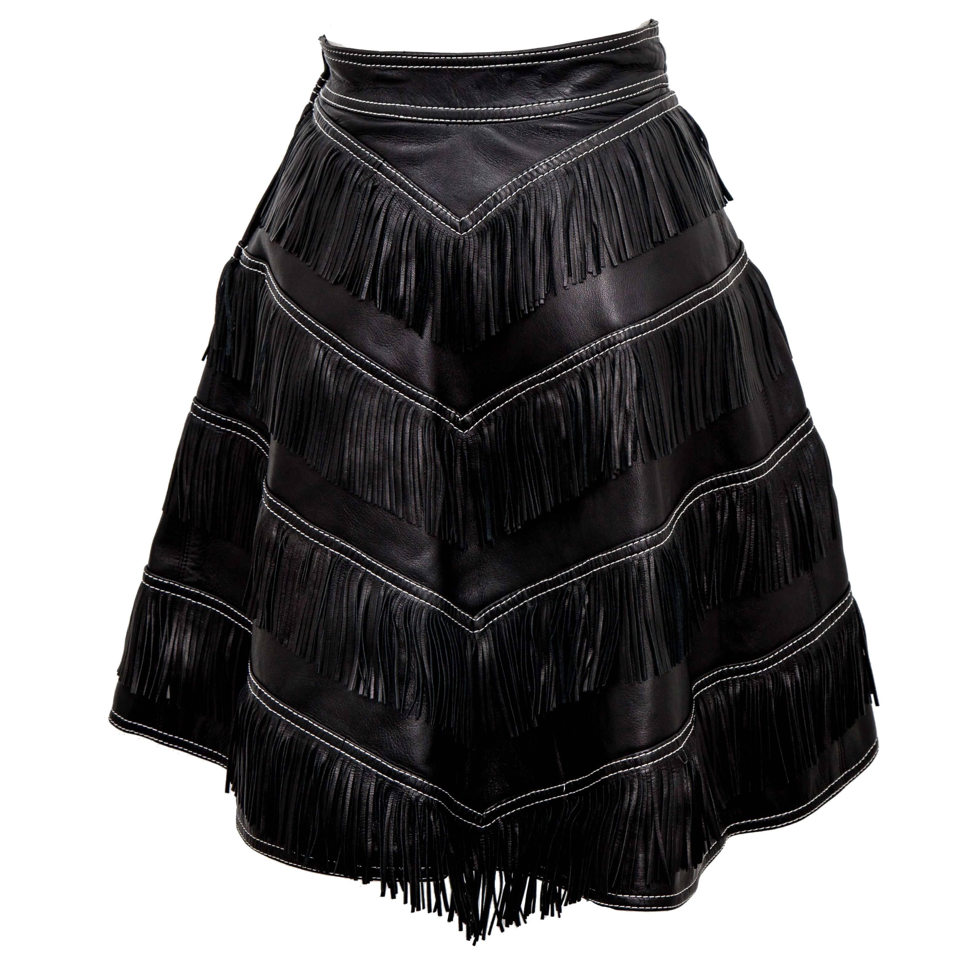 Gianni Versace Iconic 1992 Runway Black Leather Fringe Skirt For Sale