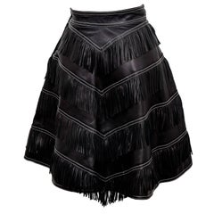 Gianni Versace Iconic 1992 Runway Black Leather Fringe Skirt