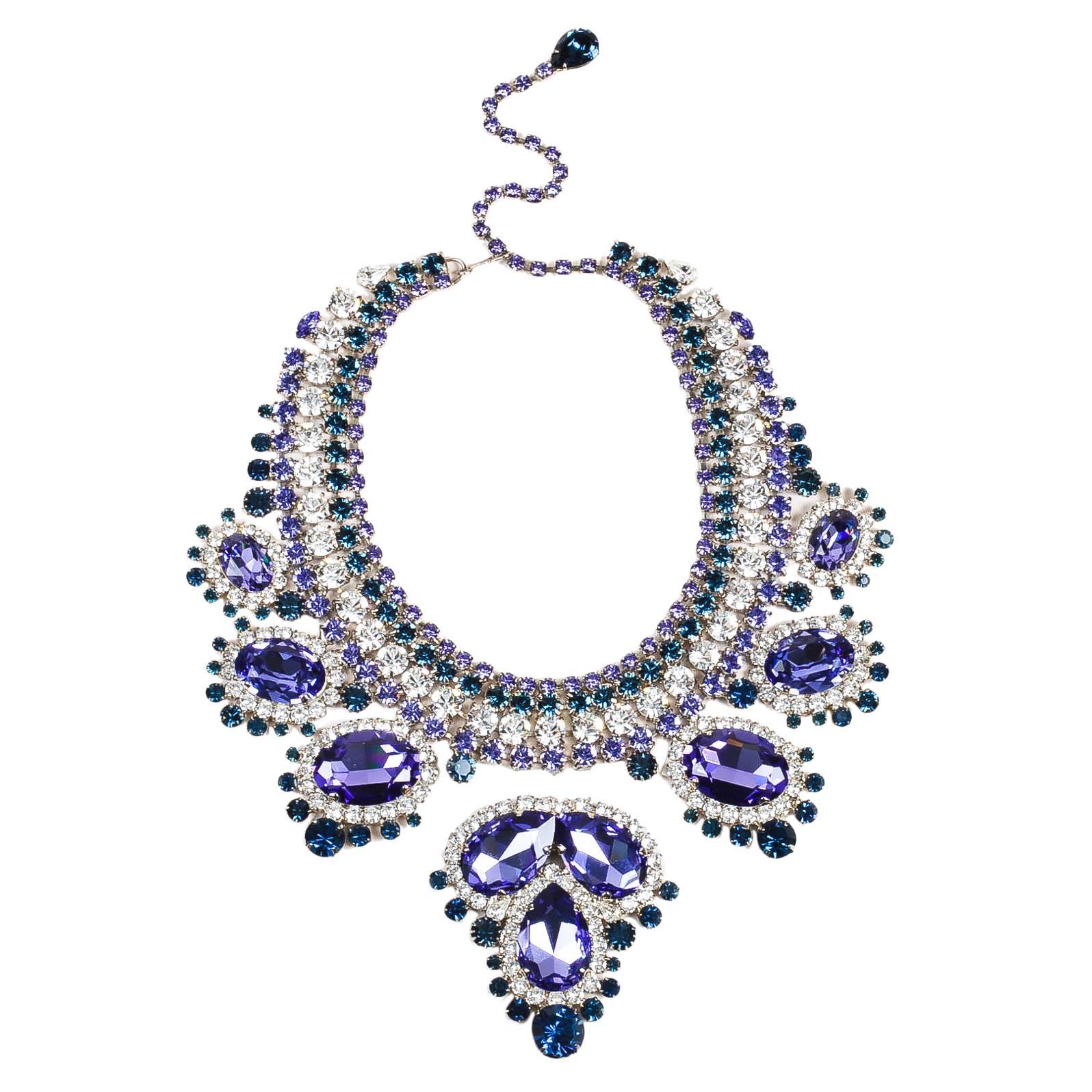 Thorin & Co Purple Navy Clear Rhinestone Gem Embellished Oversized Bib Necklace For Sale