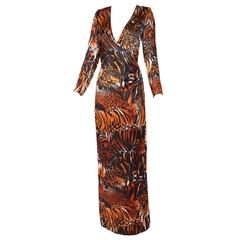 Vintage Yves Saint Laurent Leopard Print Silk Evening Gown w/Deep V-Neck Plunge