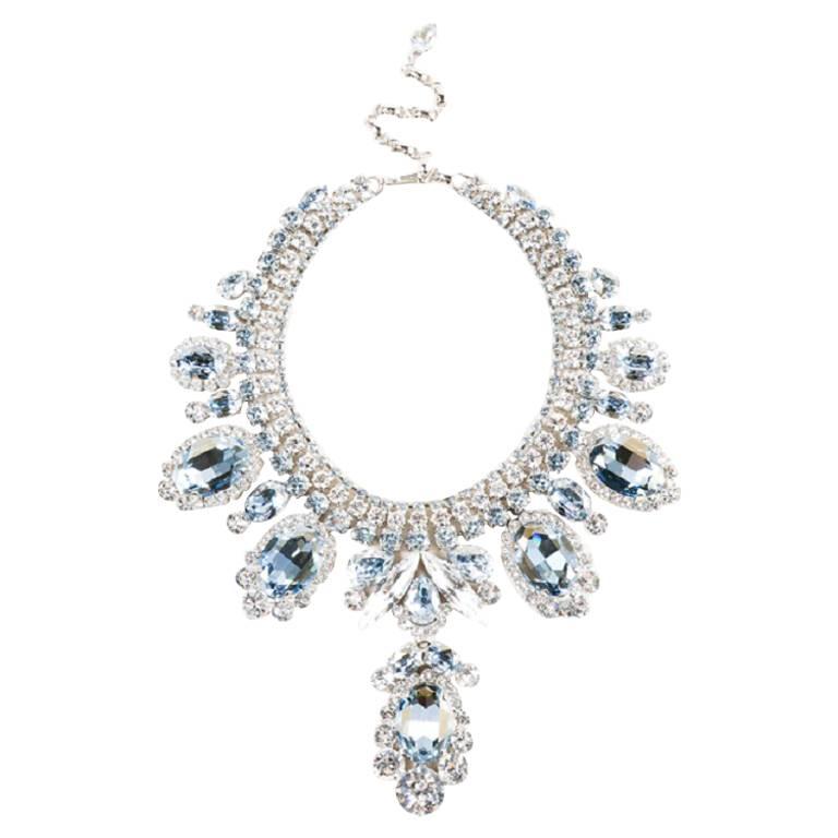 Thorin & Co. Silver Tone Blue Glass Rhinestone Statement Bib Necklace For Sale