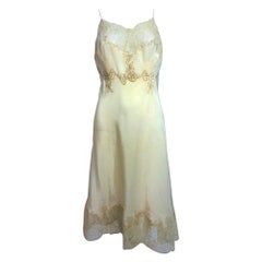 vintage French hand made embroidered champagne silk & lace slip 1950s