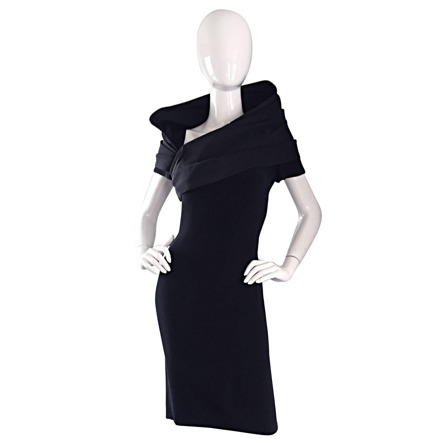 Amazing Vintage Bill Blass Black Short Sleeve Avant Garde Cowl Neck Dress Sz 10