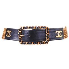 Vintage Chanel Black Leather & Stacked Chain CC Logo Belt w/Chain & Leather Buckle