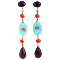 Retro Chanel Turquoise, Red & Amethyst Gripoix Dangling Clip-On Earrings Ca. Late 70's