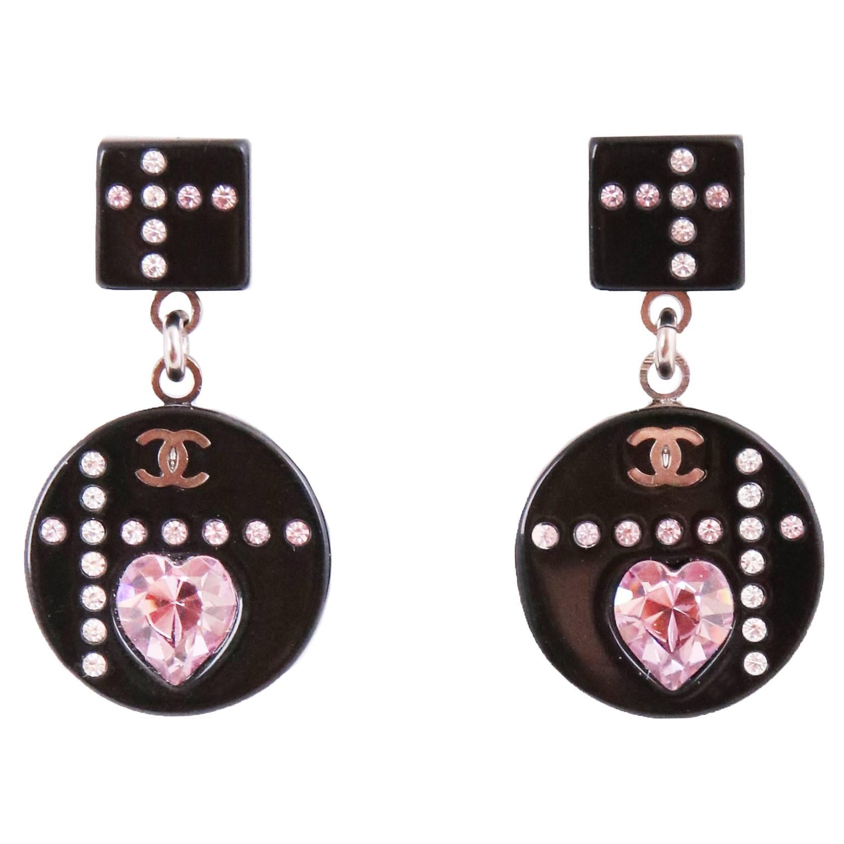 2004A Chanel Black Resin Dangling Earrings w/CC Logo & Pink Crystal Heart