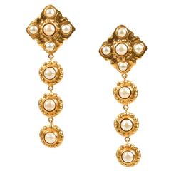 Vintage Chanel Gold Tone Faux Pearl Geometric Dangle Clip On Earrings