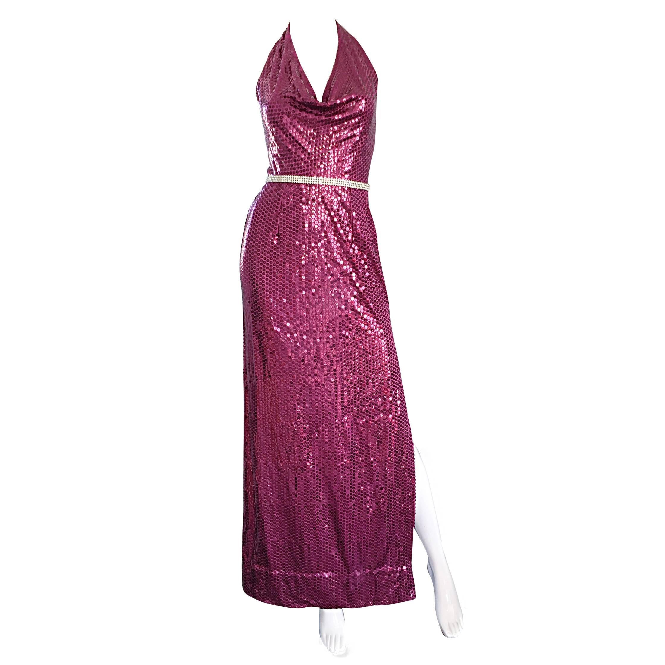 1970s Lillie Rubin Raspberry Pink Silk Sequined + Rhinestone Sexy Halter Dress