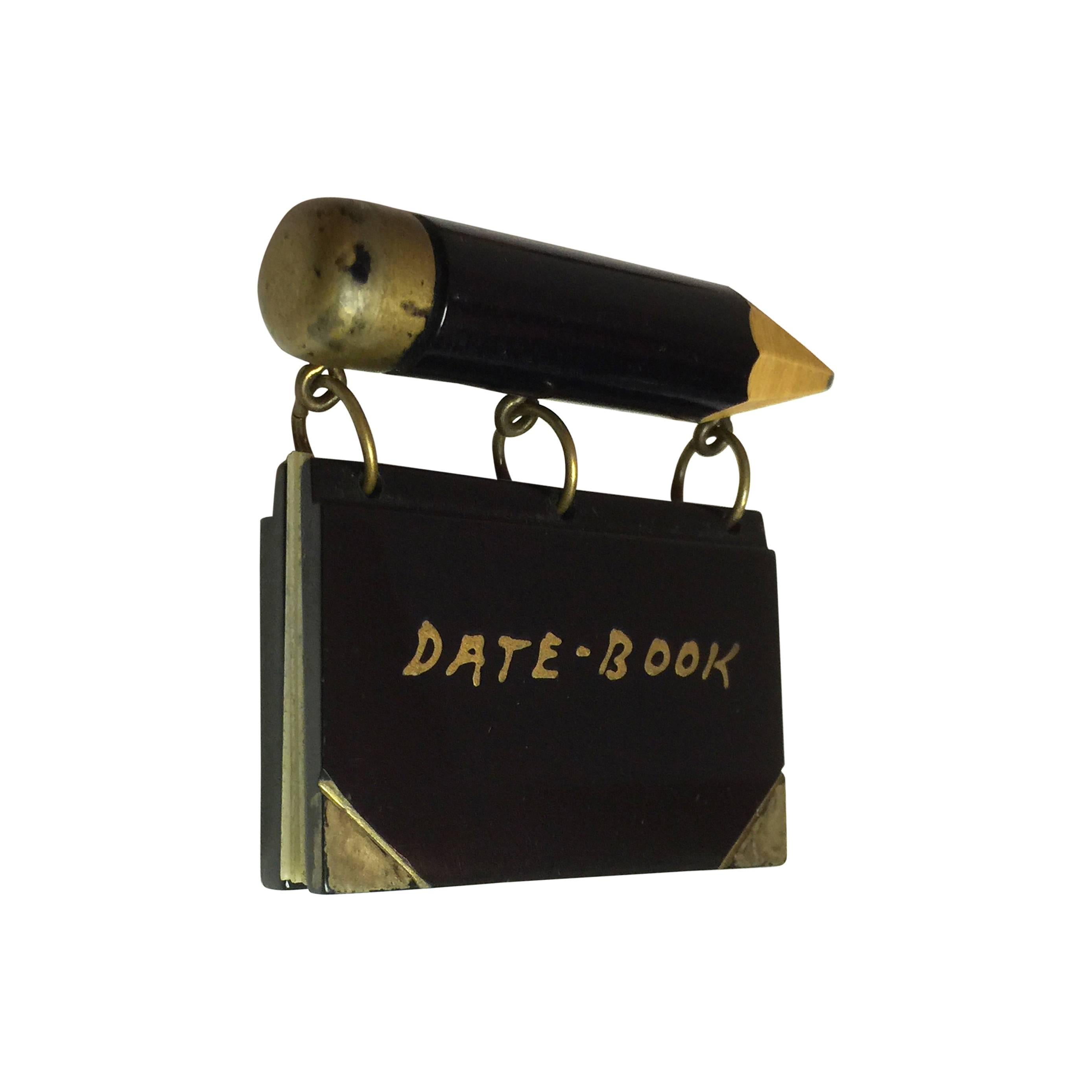 VERY Rare 1930s Bakelite & Celluloid School Days DATE-BOOK Brooch Pin
