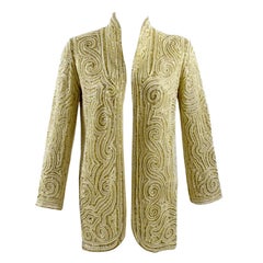 Vintage 1970s Halston Hand Embroidered Beads & Golden Pearl Silk Organza Jacket