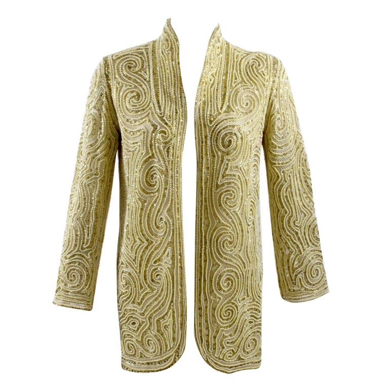 1970s Halston Hand Embroidered Beads and Golden Pearl Silk Organza ...