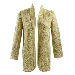 1970s Halston Hand Embroidered Beads & Golden Pearl Silk Organza Jacket