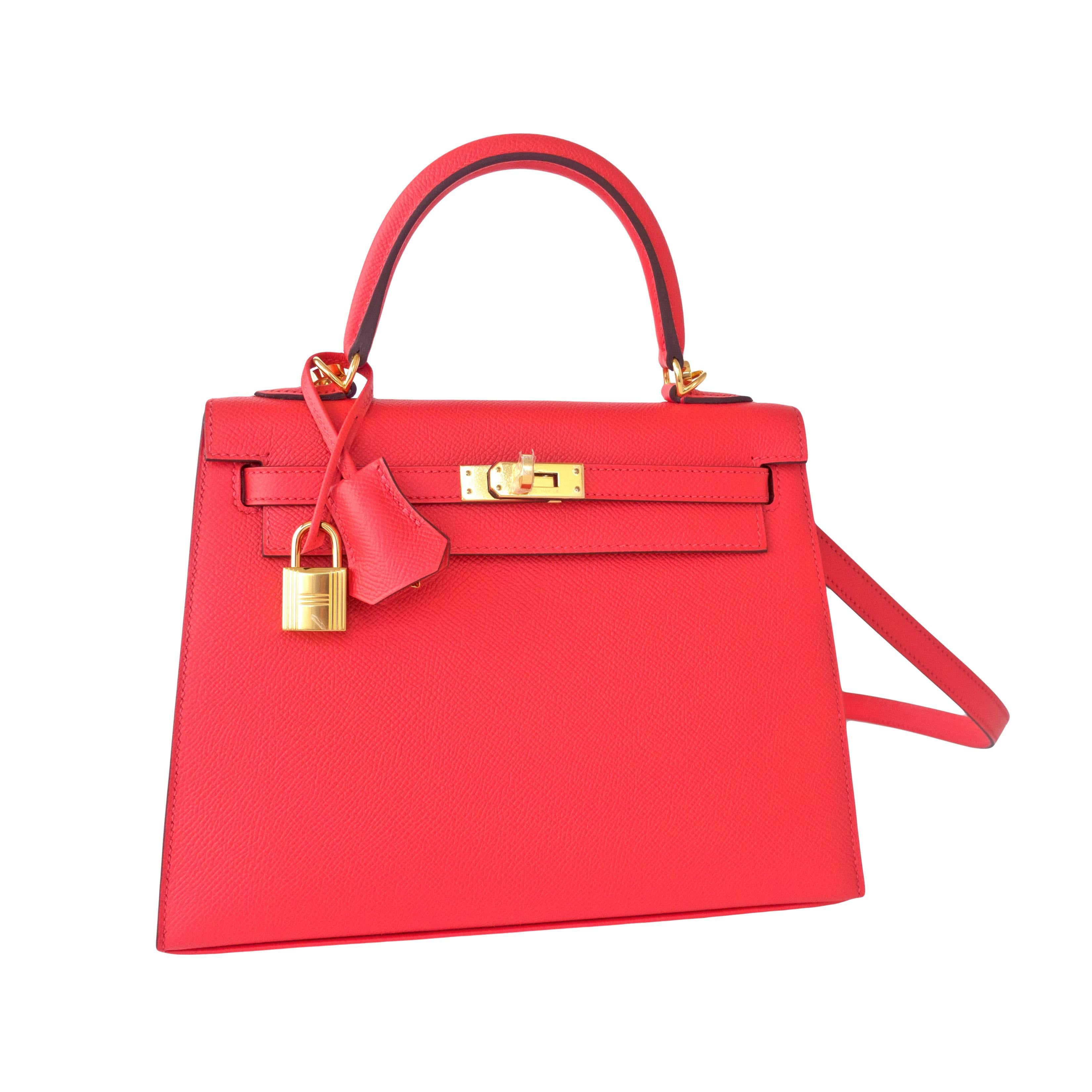 Hermes 25cm Rose Jaipur Coral Pink Red Sellier Epsom Kelly Bag Gold Jewel   In New Condition In New York, NY