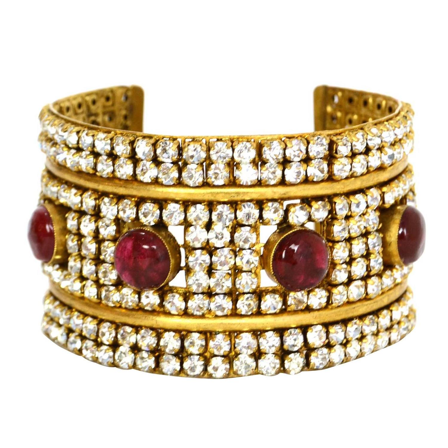 CHANEL Vintage 70's Red Gripoix and Rhinestone Gold Cuff Bracelet For