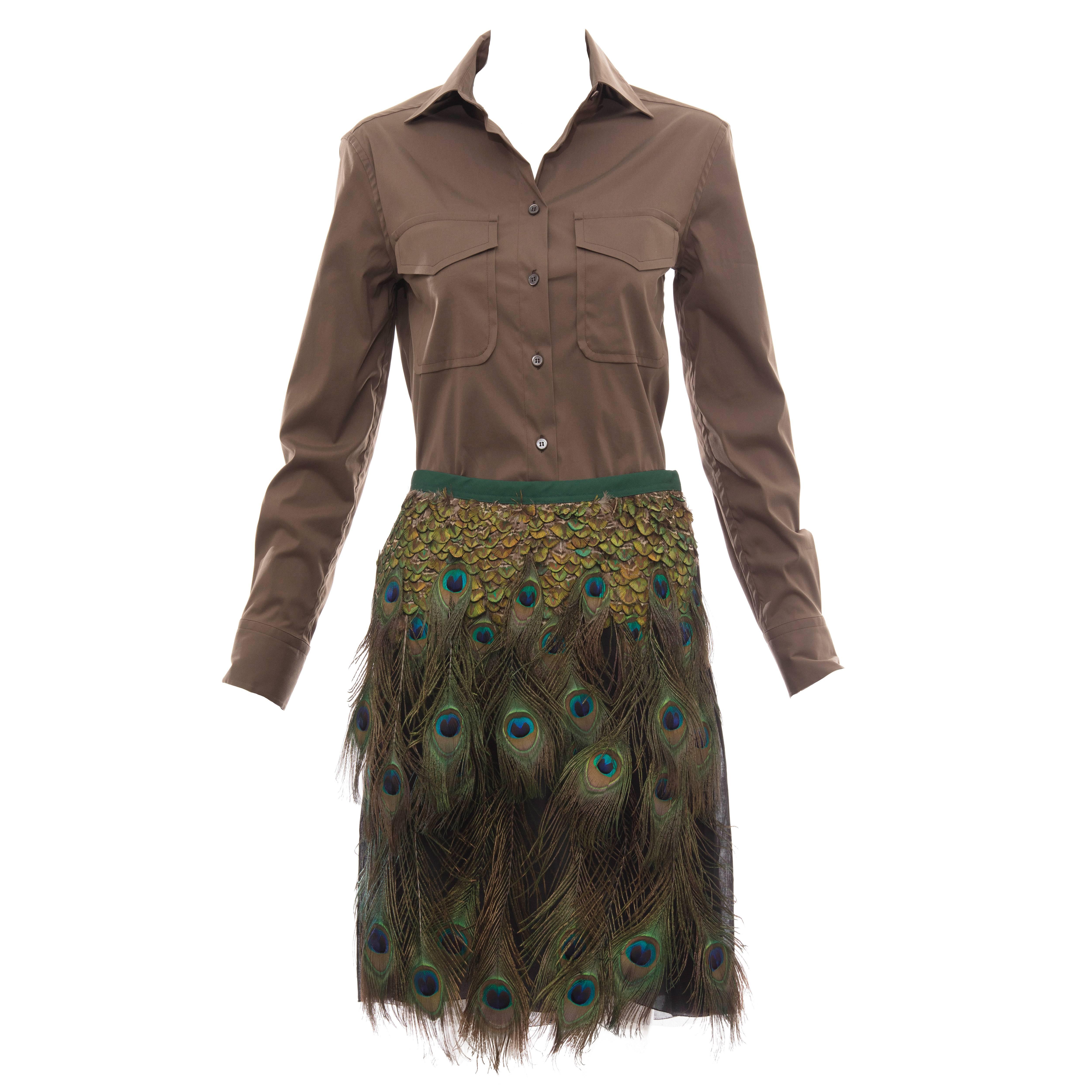 Prada Runway Cotton Button Front Top & Peacock Feather A-Line Skirt, Spring 2005 For Sale