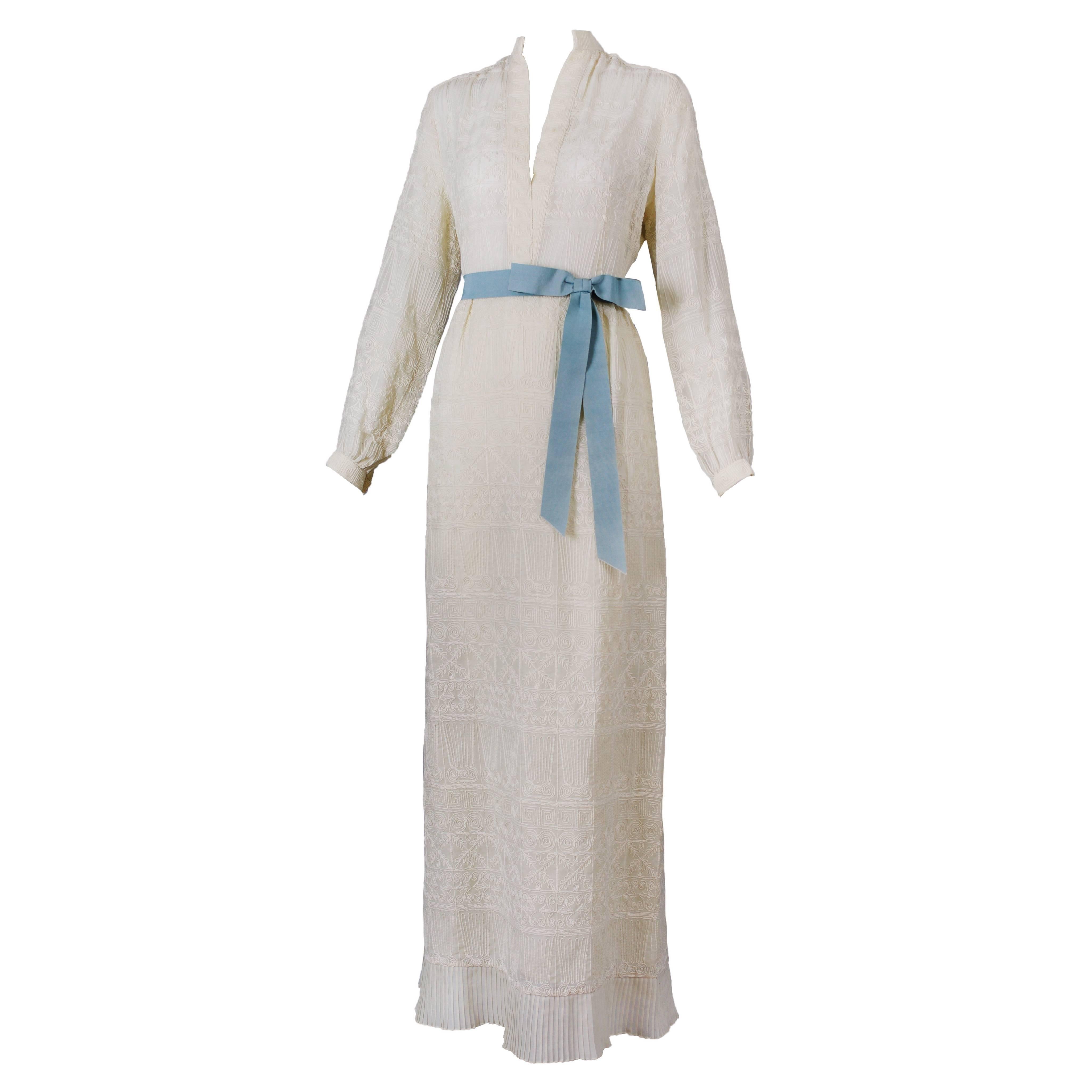 1970s Pat Sandler Embroidered Tea Gown or Wedding Gown