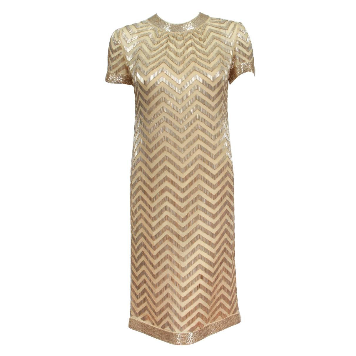 1960s Donald Brooks Silk Chiffon Beaded Cocktail Dress in Chevron Pattern