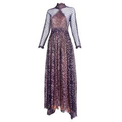 Vintage 1990s Geoffrey Beene Lace Illusion Gown w/Dramatic Front Slit and Waterfall Hem