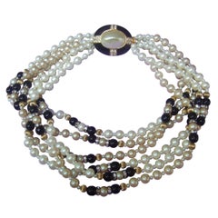 Elegant Glass Enamel Pearl Choker Necklace c 1980s