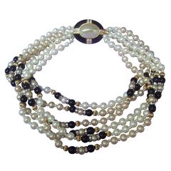 Elegant Glass Enamel Pearl Choker Necklace c 1980s 12
