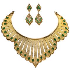 Fabulous Vintage 1970s Joseph Mazer Large Draped Jade Gilt Collar Earrings Set 5