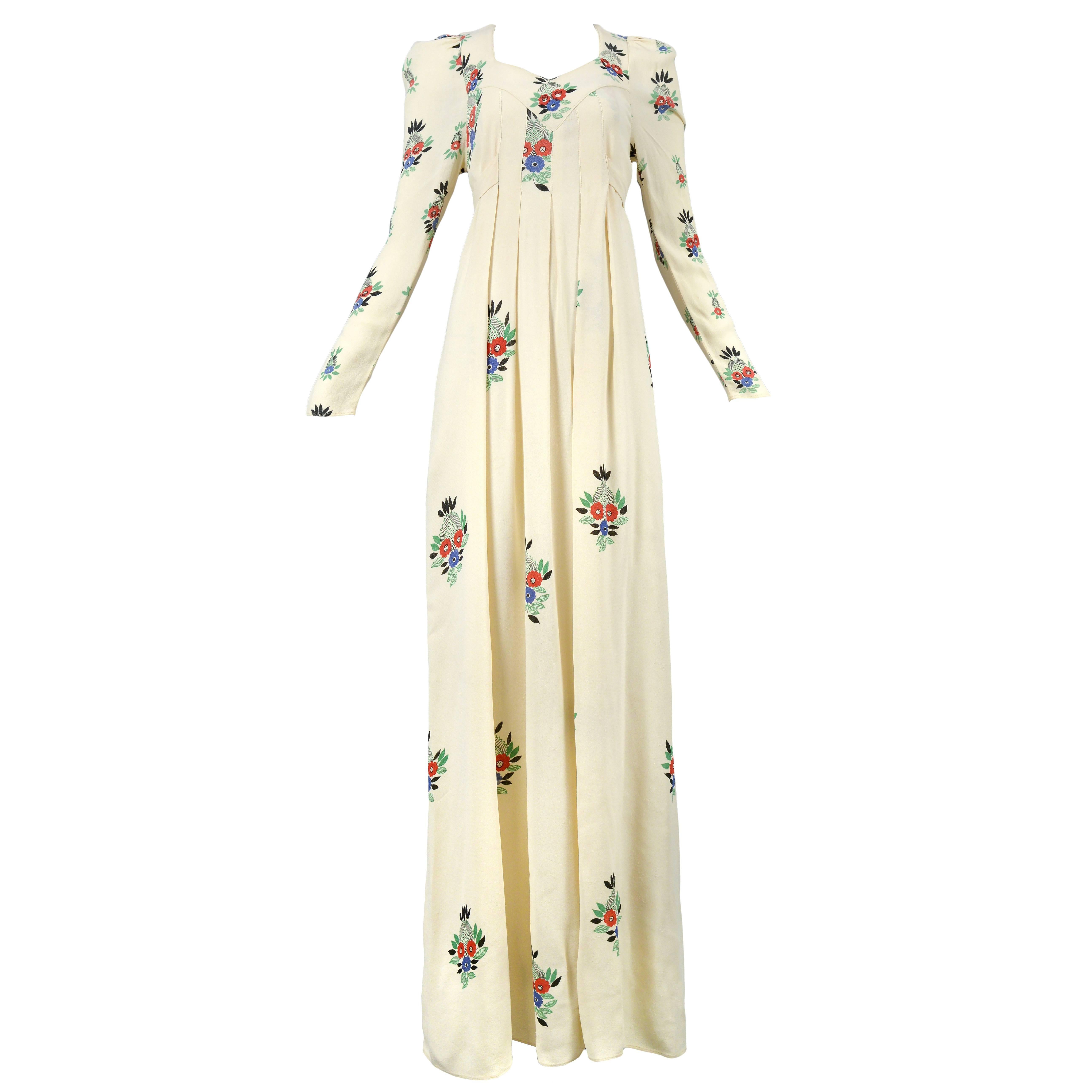 Ossie Clark Ivory Moss Crepe Gown with Floral Print by Celia Birtwell, 1970