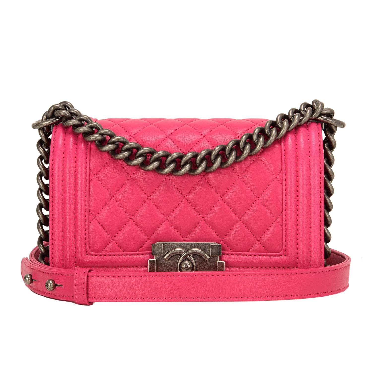 Chanel Fuchsia Pink Lambskin Small Boy Bag