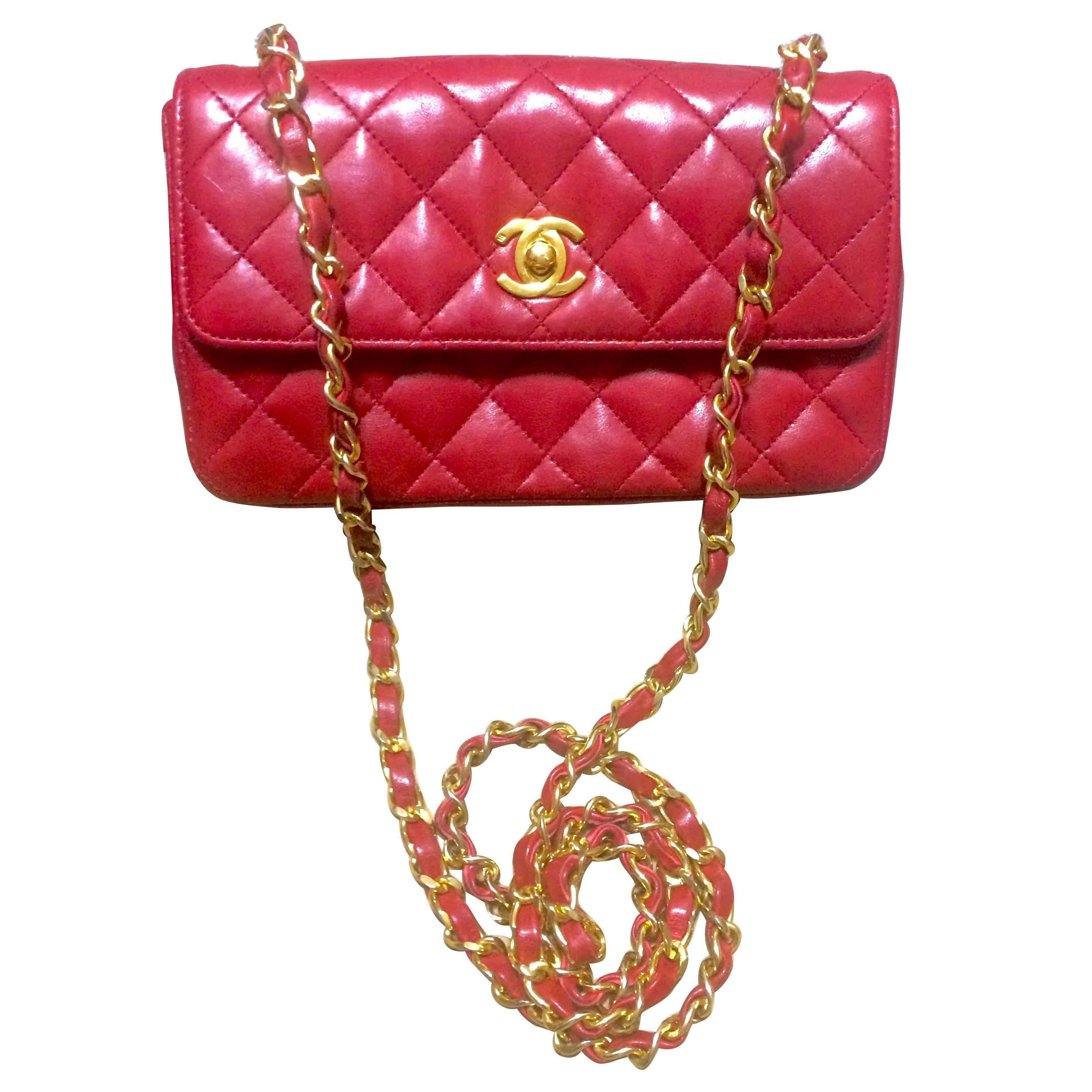 Vintage CHANEL classic mini flap 2.55 shoulder bag in lipstick red lambskin. For Sale