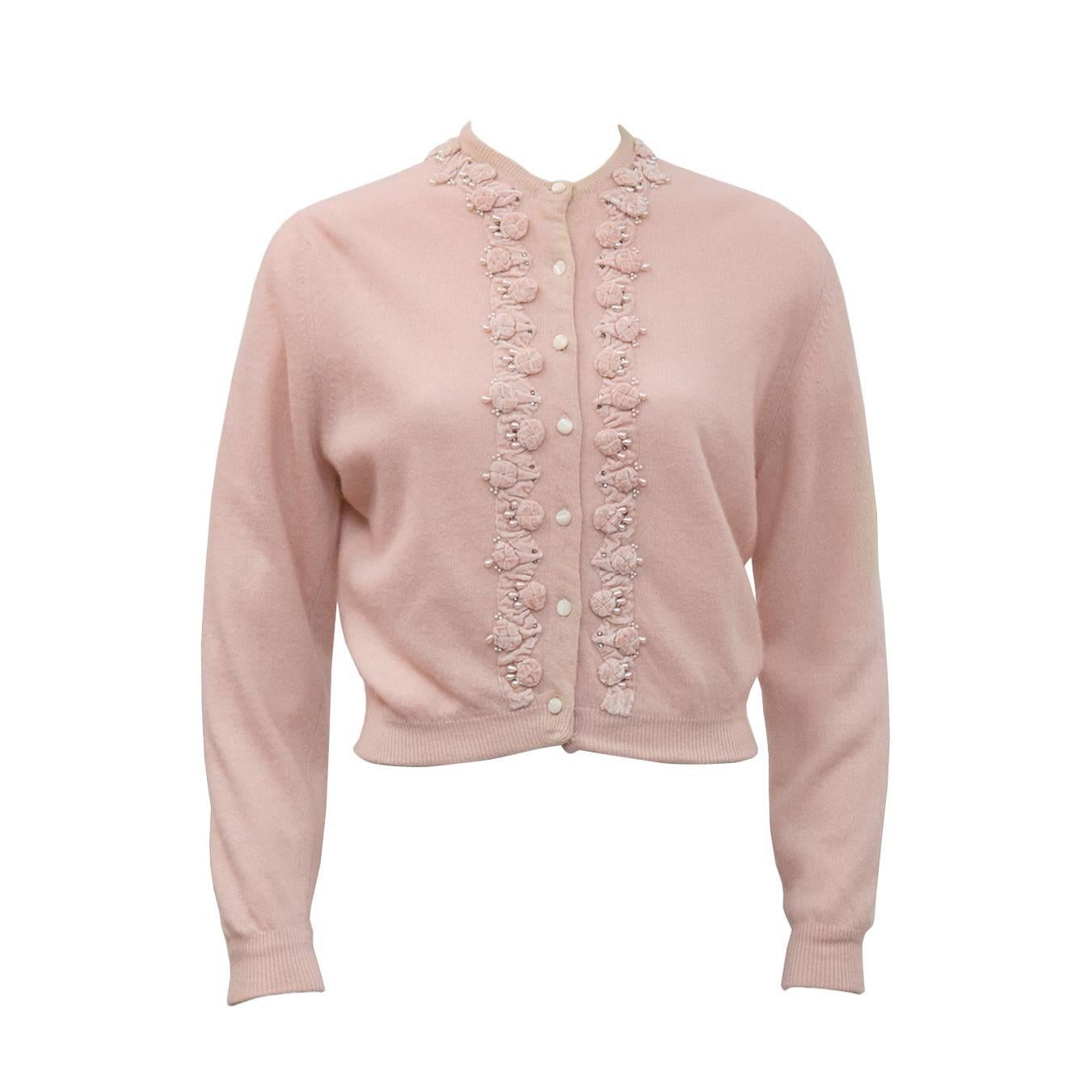 1950s Pink Cashmere Cardigan with Velvet and Pearl Applique