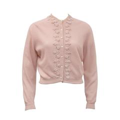 Vintage 1950s Pink Cashmere Cardigan with Velvet and Pearl Applique